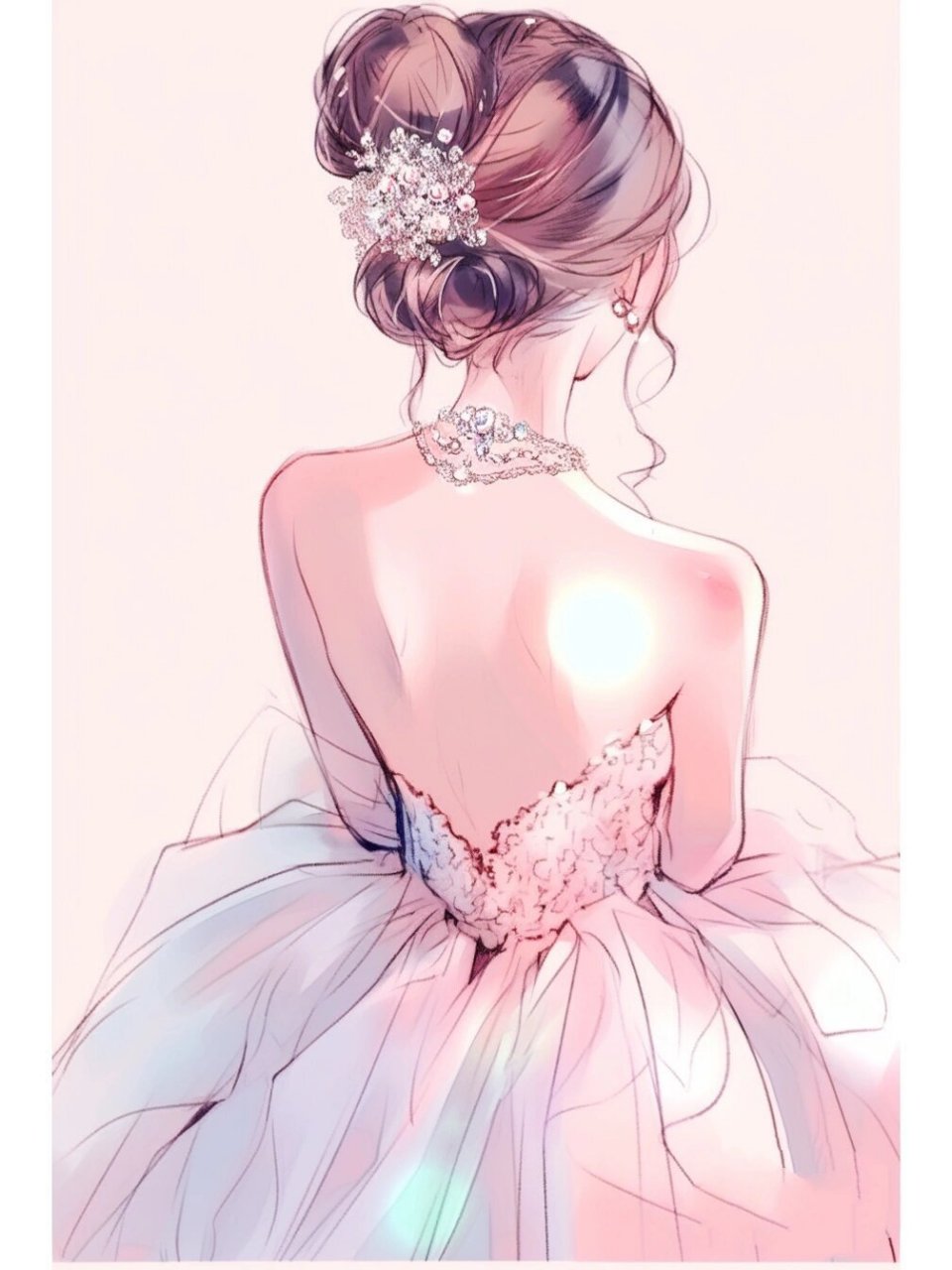 背影 盘起发髻,戴上花朵与珍珠,温婉动人✨ 	 niji v5 s25 跑的水彩
