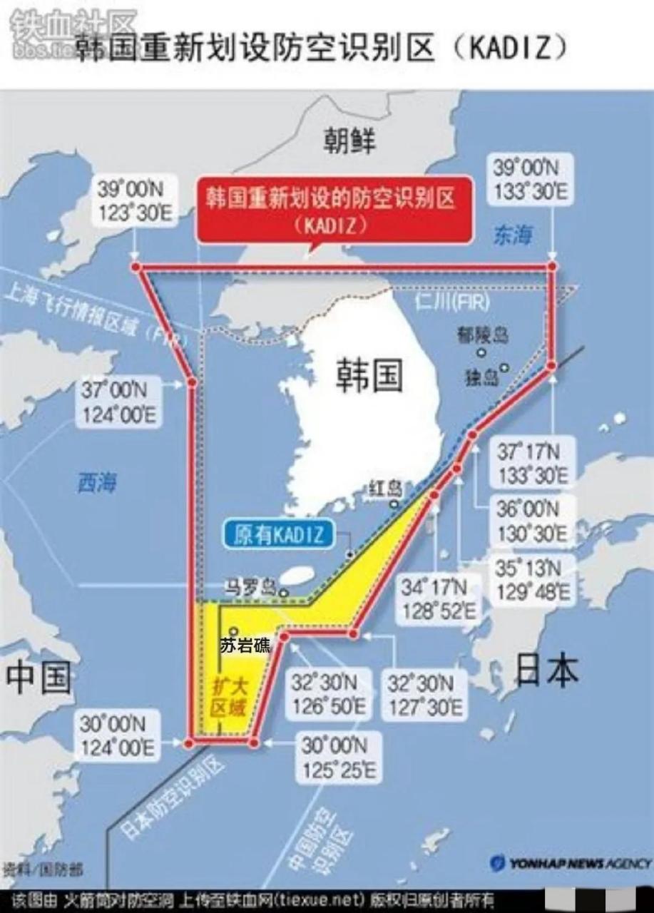 看看韩国的防空识别区,划得多有意思.