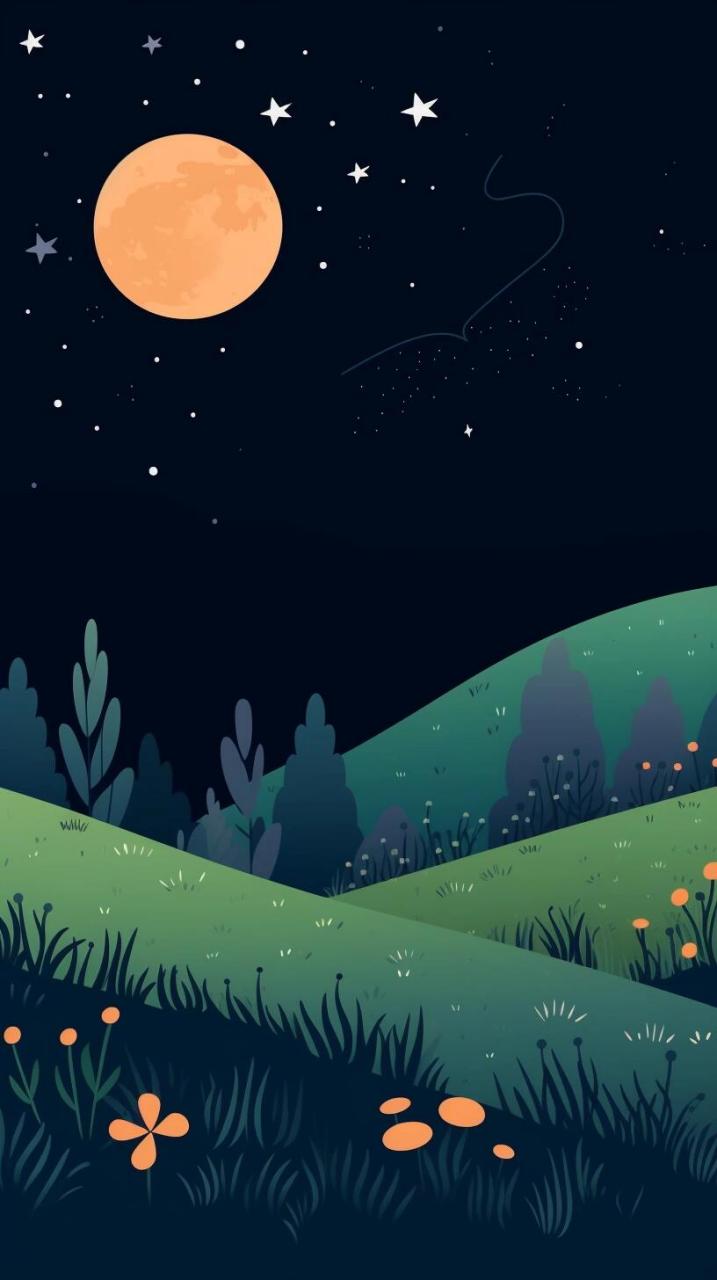 儿童读物 儿童读物卡通风格,背景,夜晚的草地,月亮和星星下面,简单