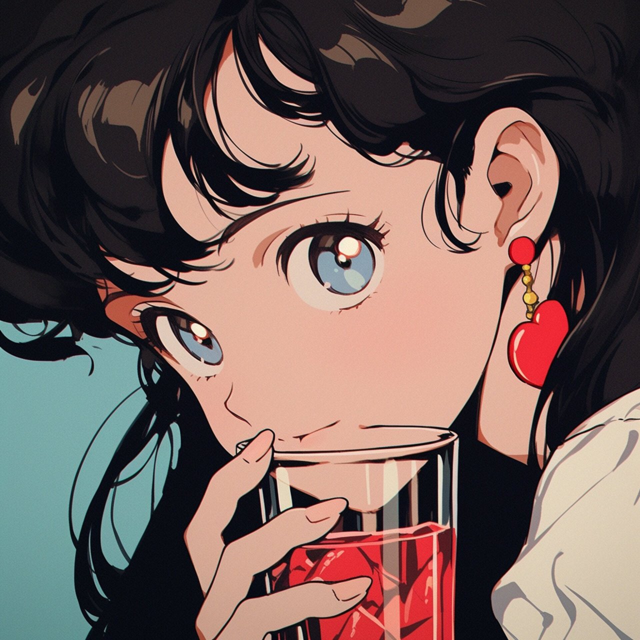 旧漫风女生喝饮料头像 1970s anime, a cool and cute girl, close up