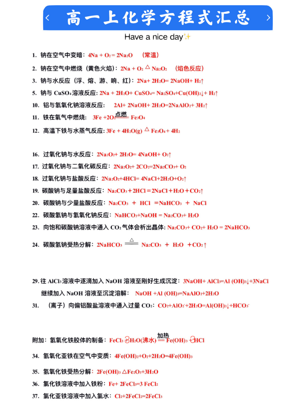 高一化学|必修一化学方程式汇总6015期末背 6015必修一方程式