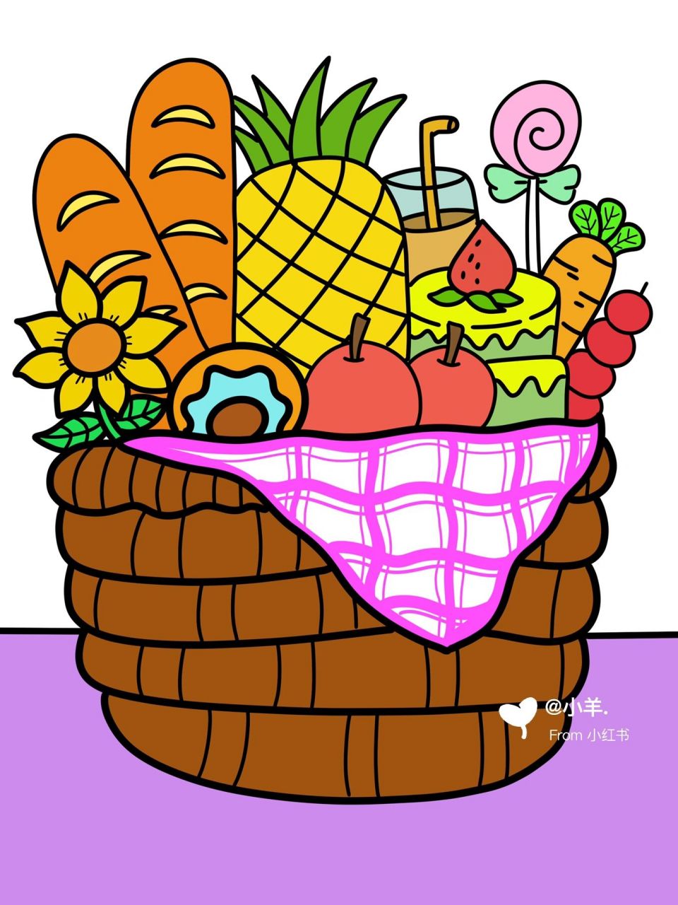 一起去野餐儿童创意画 食物篮筐儿童画 #创意美术儿童画# #简笔画教程