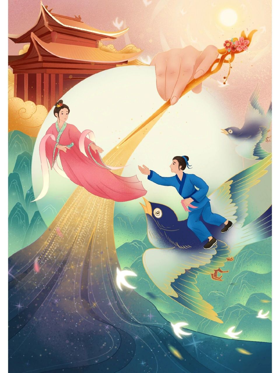 国潮插画七夕节牛郎织女之划破银河 传说王母娘娘知道织女下凡和牛郎