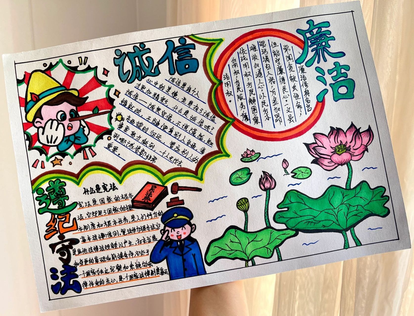 【画100幅手抄报】第17幅:诚信廉洁守法手 廉洁自律,诚实守信,遵纪