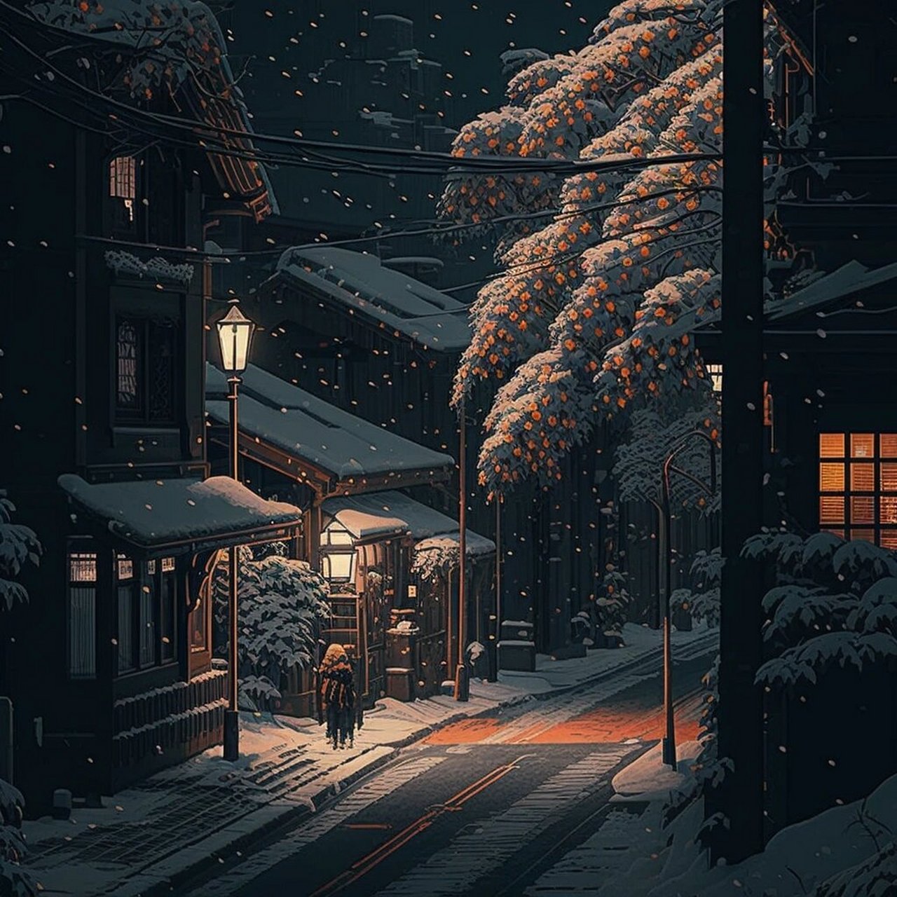 下着雪的日本东京街头,怀旧风壁纸,像素风