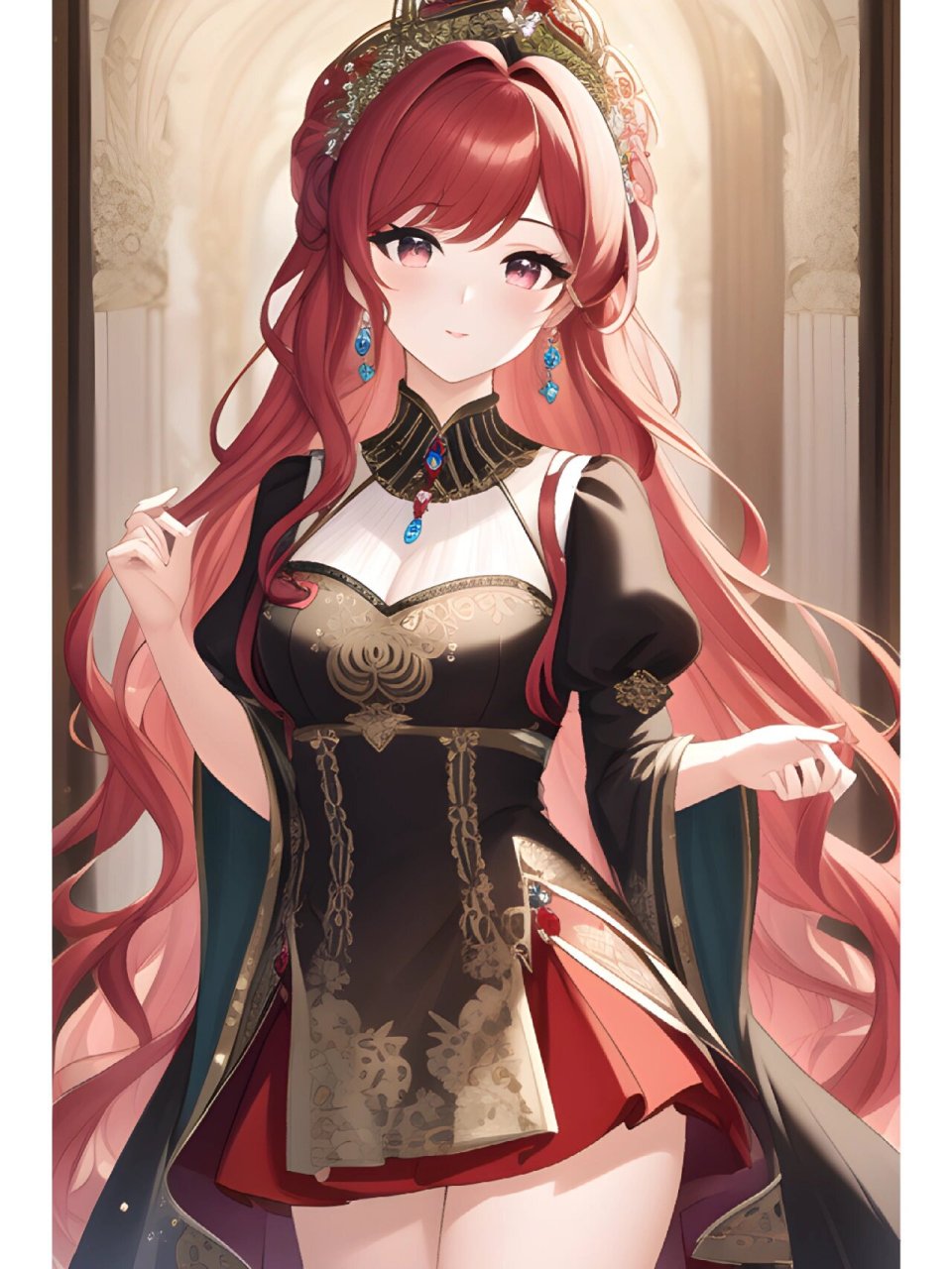 红色高贵连衣裙女子,动漫二次元绘画人物