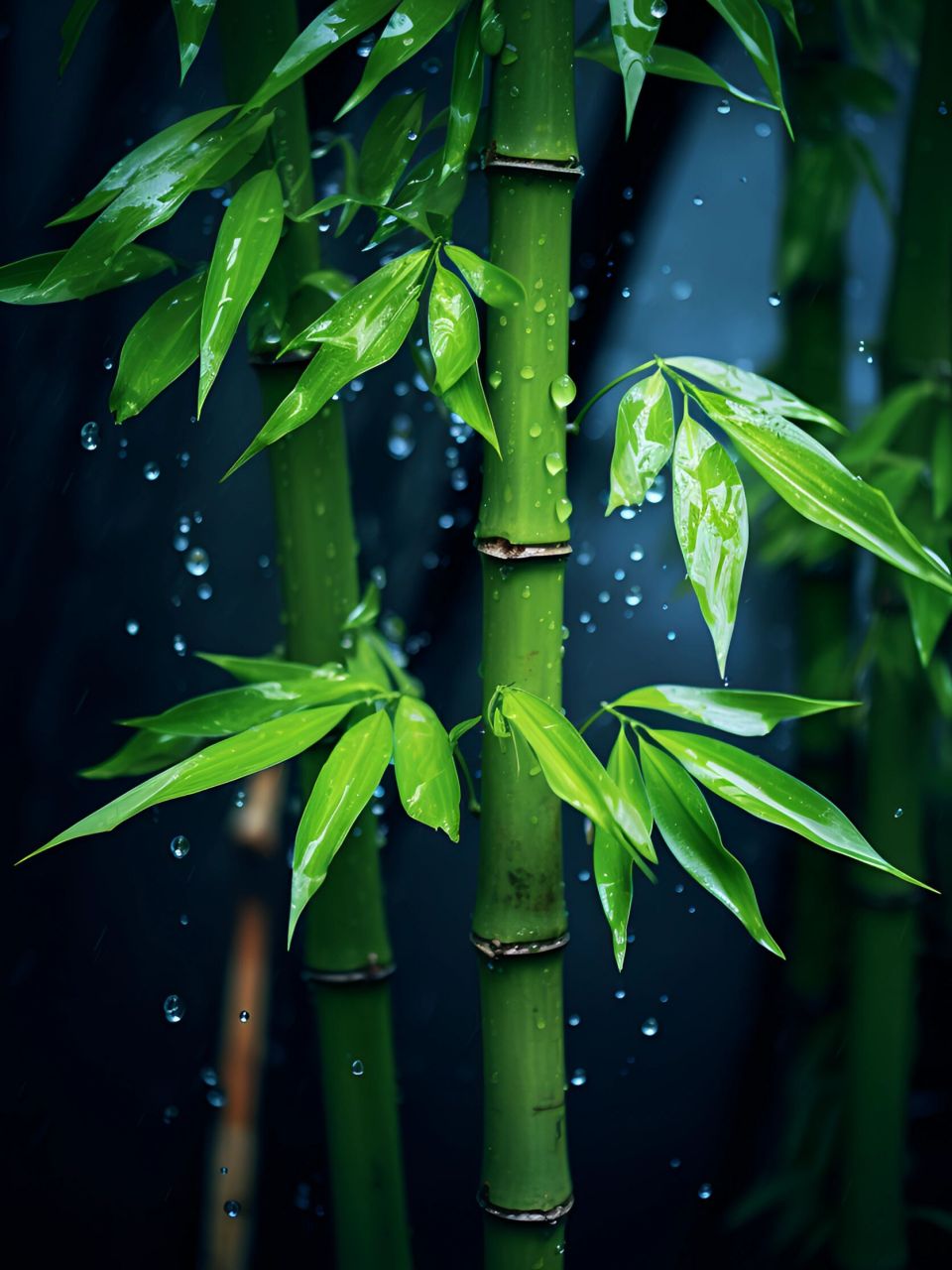 the bamboo leaves and bamboo poles are clearly visible.