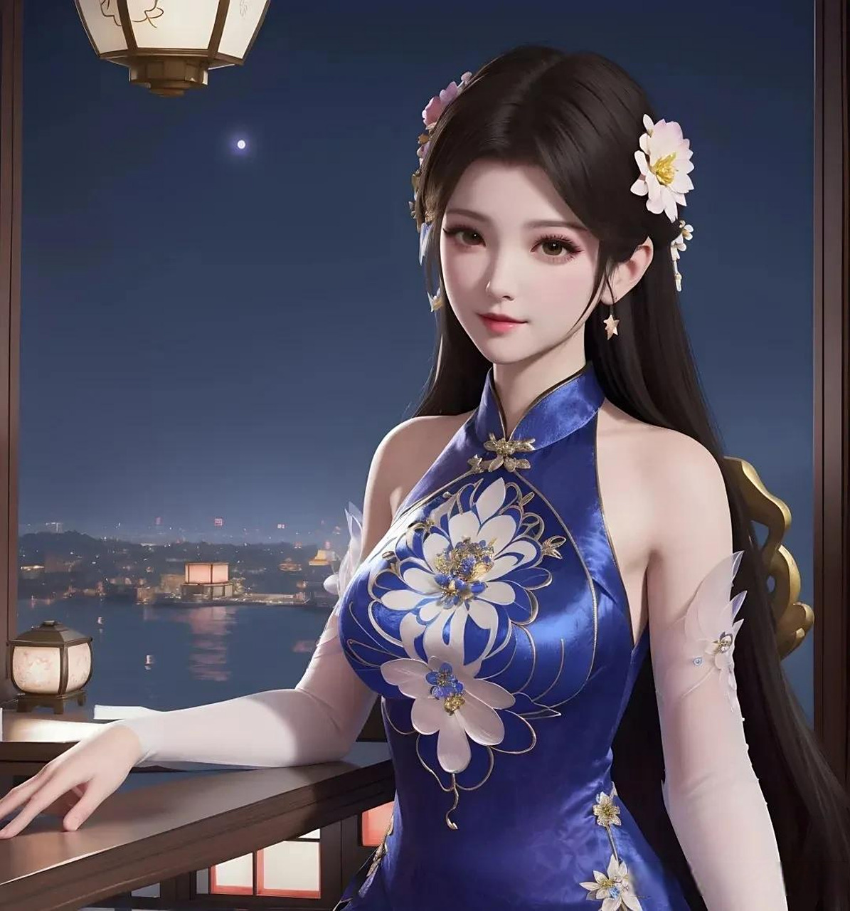 ai蓝色性感旗袍动漫少女