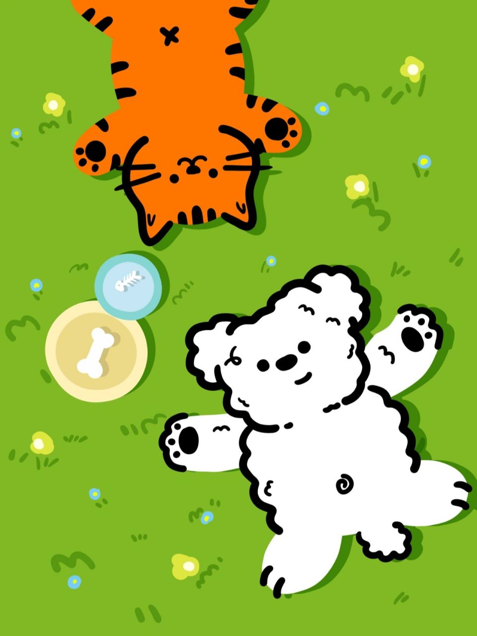 可爱卡通插画丨附过程,小猫小狗在草地乘凉 一张简单卡通插画步骤分享