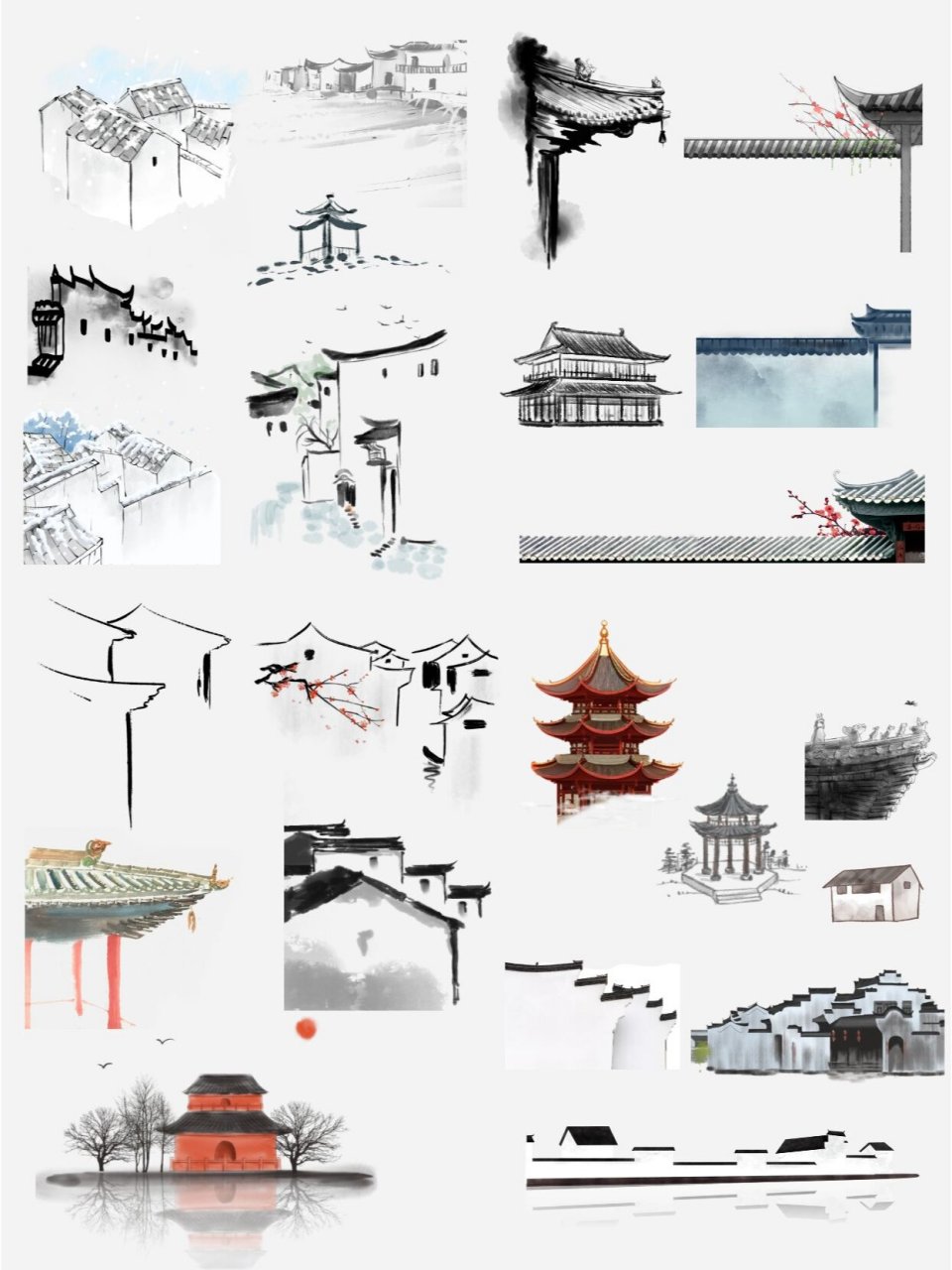 265素材|古风水墨手绘建筑 房屋房檐🔥 分享古风/国风/国潮水墨手绘