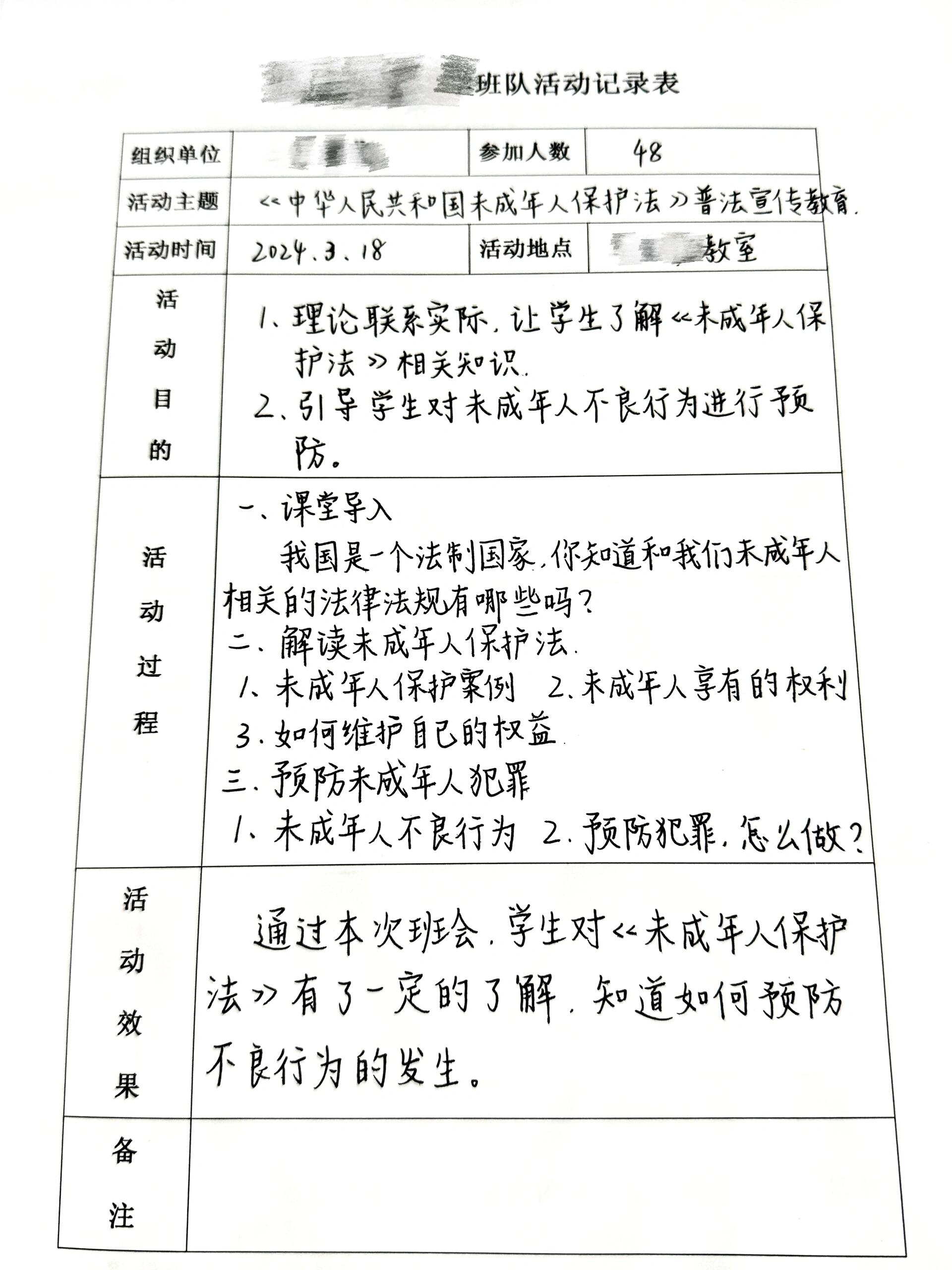 未成年人保护法》主题班会 班队活动记录表1p