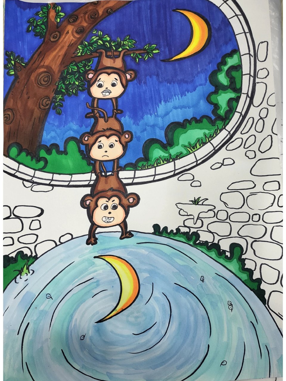 猴子捞月简笔画 水里的叶子上色上残了