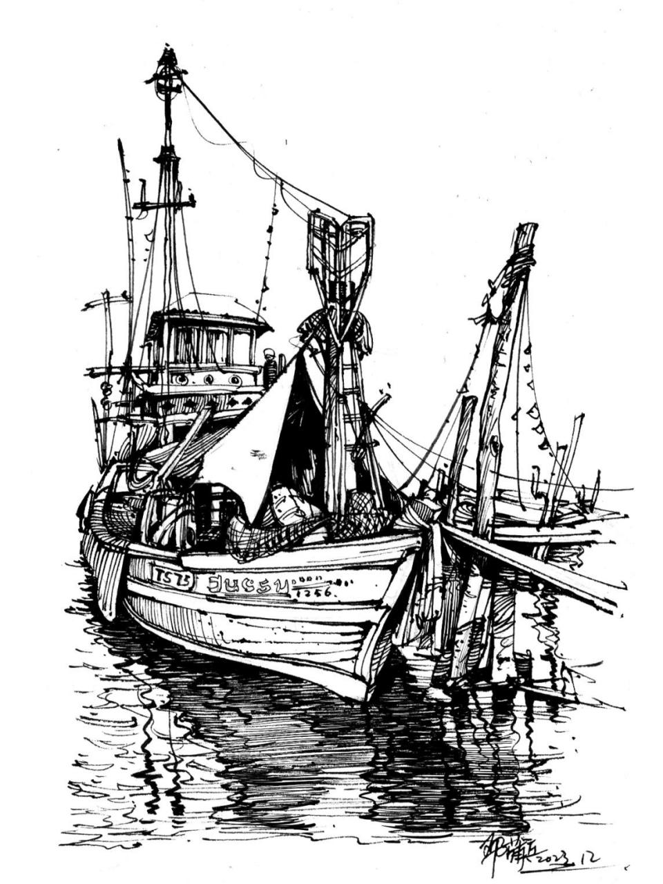 钢笔速写#  #宅家画画#  #渔船# 渔船