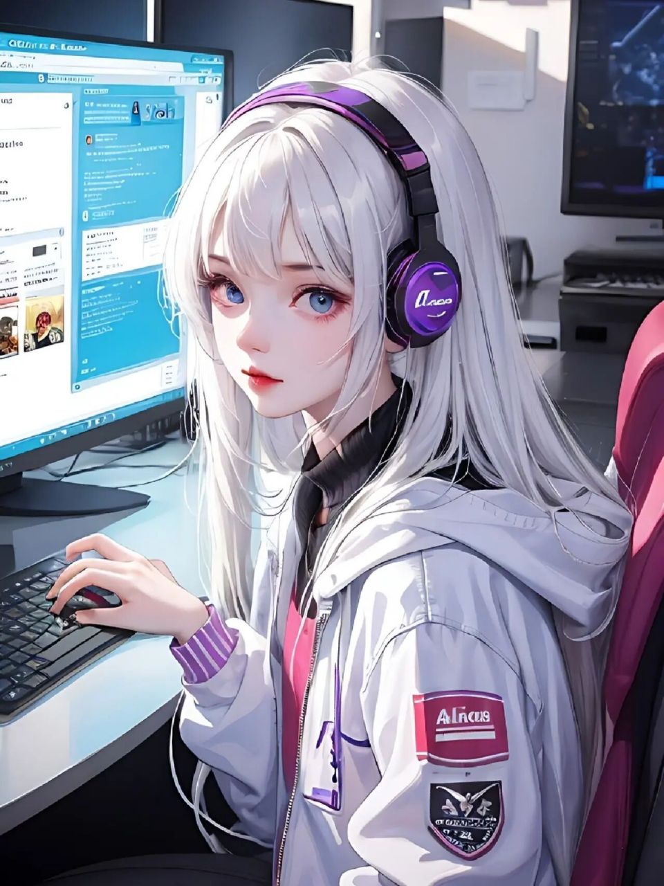电竞少女|白色系长发玩游戏女孩