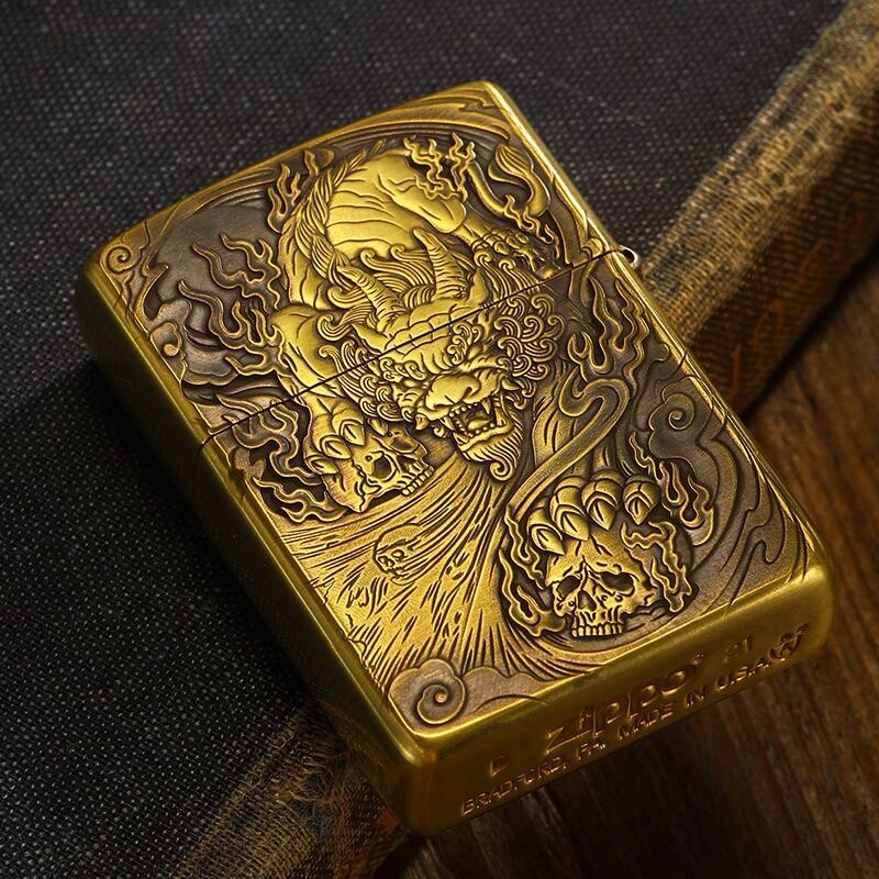 zippo 打火机鬼王天禄貔貅纯铜盔甲浮雕