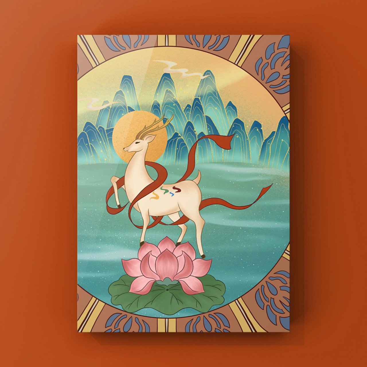 敦煌纹样九色鹿山水插画 敦煌九色鹿搭配山水被包围在敦煌纹样内,整体