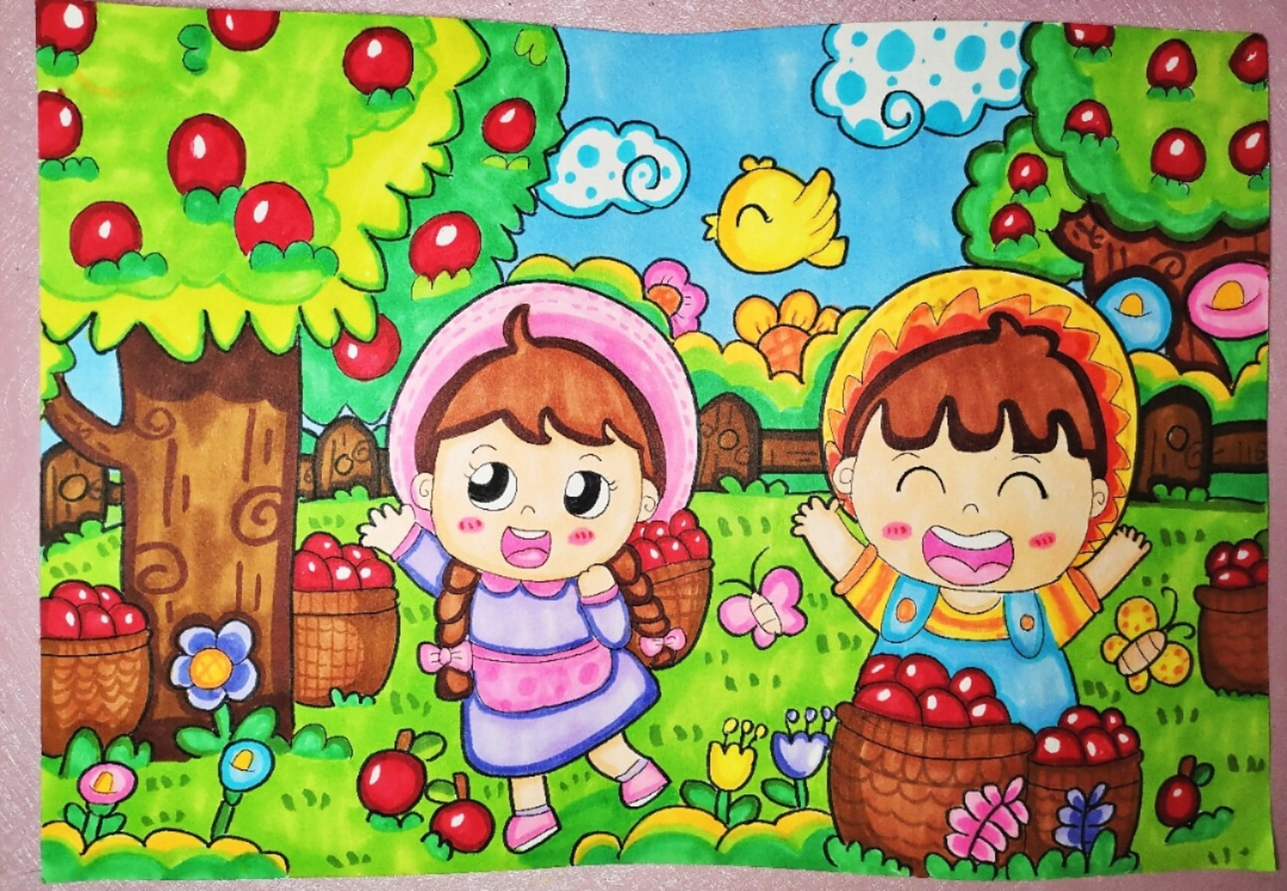 儿童画丰收 快来摘苹果啦