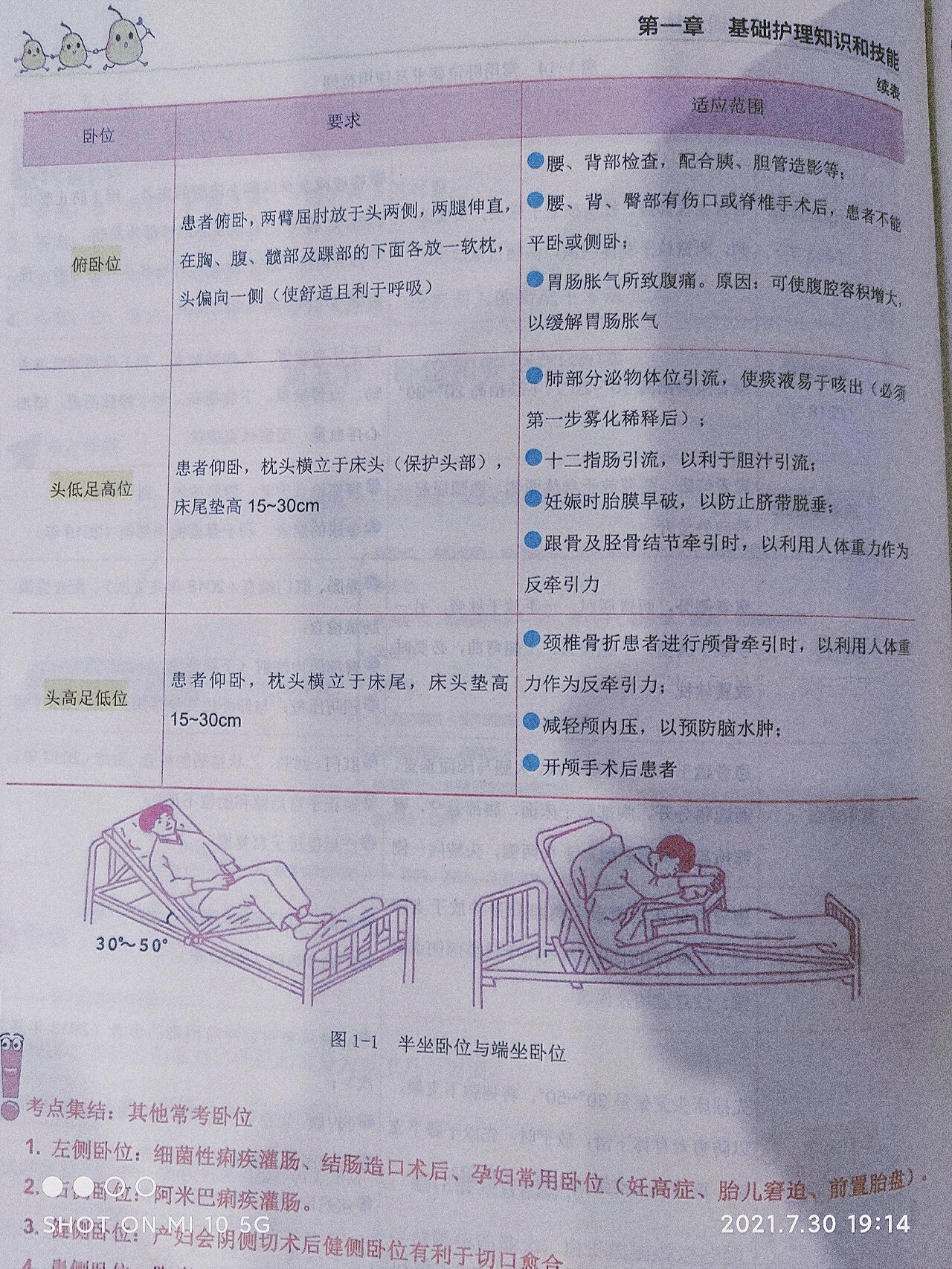 常用卧位要求及使用范围 仰卧位 侧卧位 膝胸卧位 截石位 半坐卧位