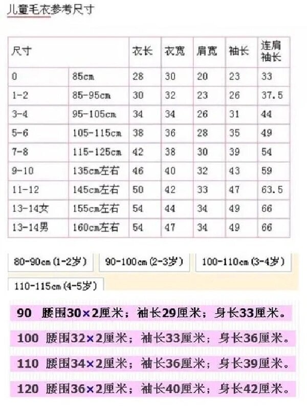 儿童毛衣编织尺寸表