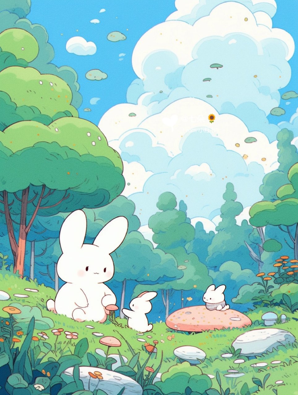 治愈系壁纸|小兔子组团去森林里采花采蘑菇