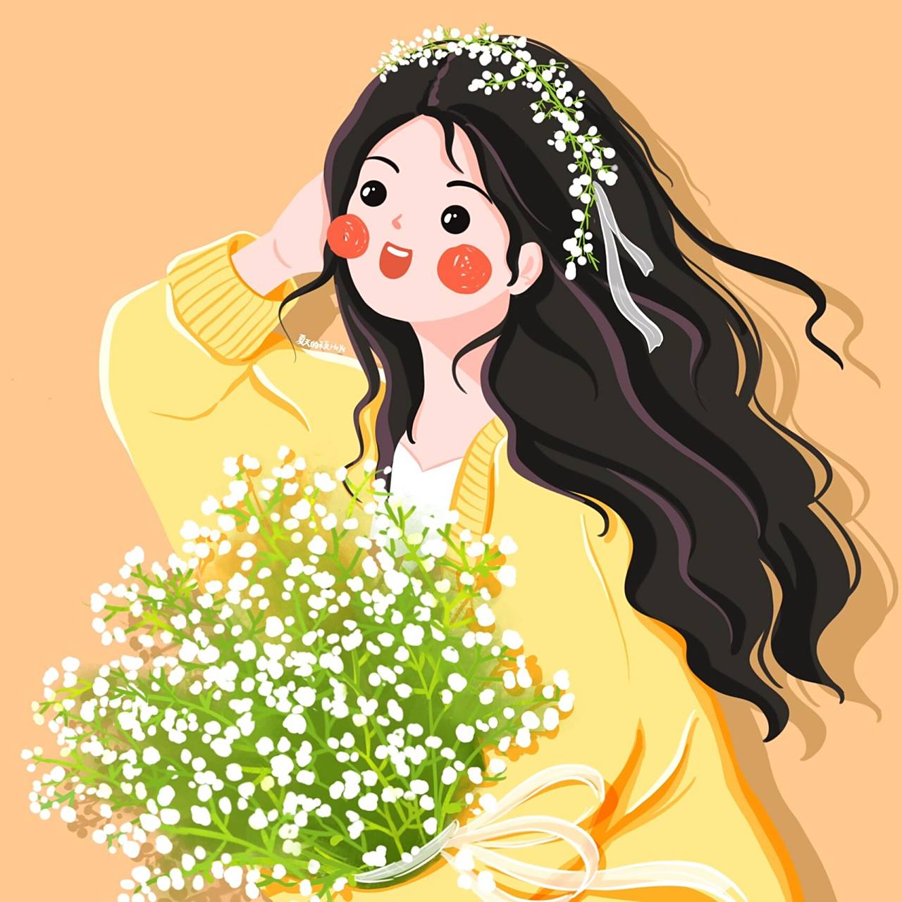 插画头像 | 手捧满天星花的可爱女生 有花花头饰版本,和无花花头饰