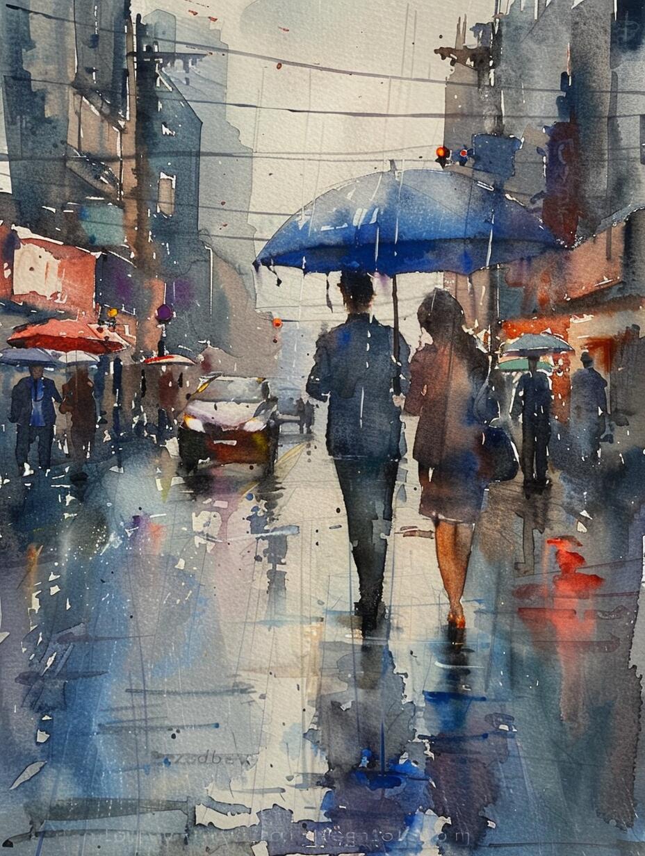 ai水彩|城市的雨