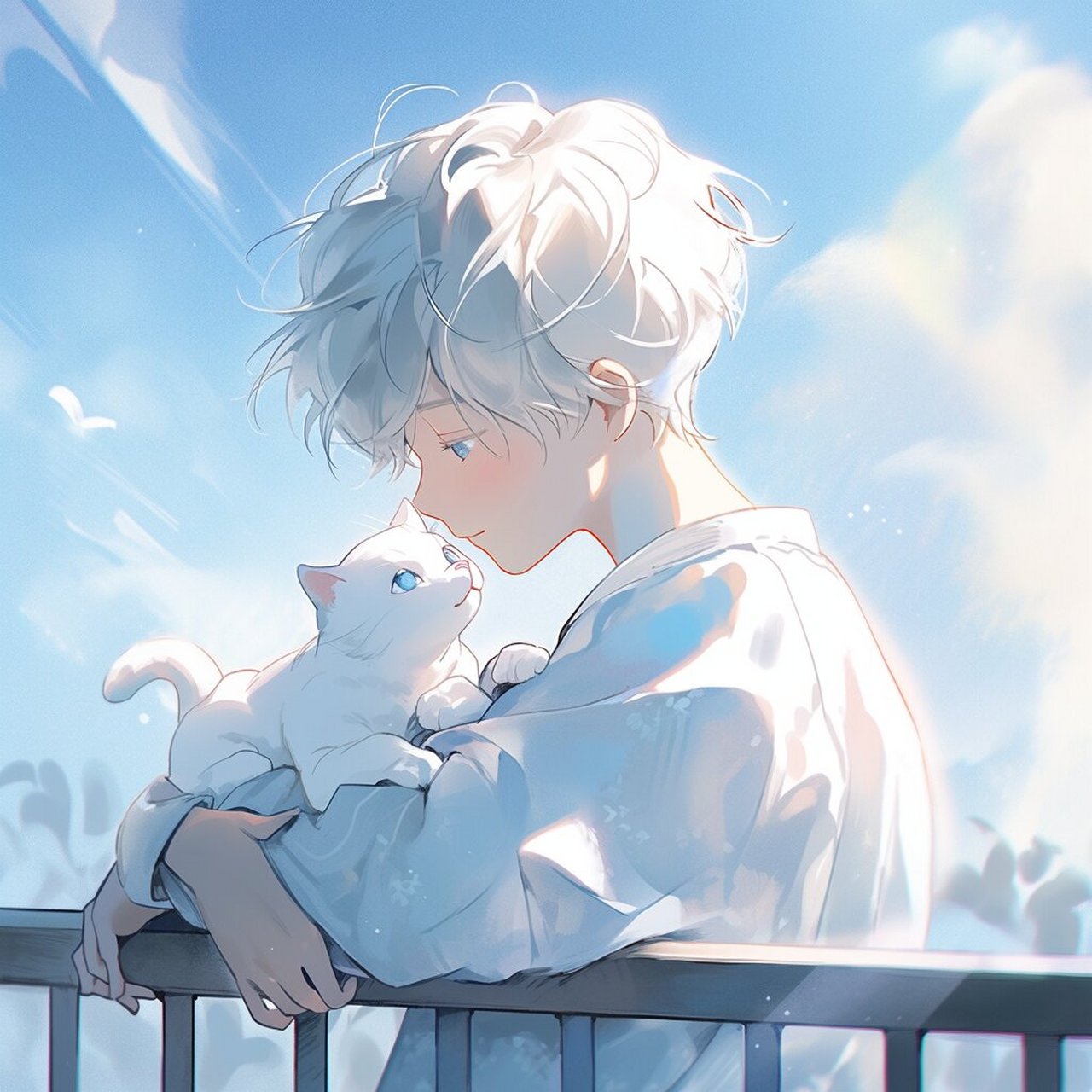 纯真时刻:阳光下的的少年与猫咪(头像) 天空湛蓝如梦幻, 阳台上少年与