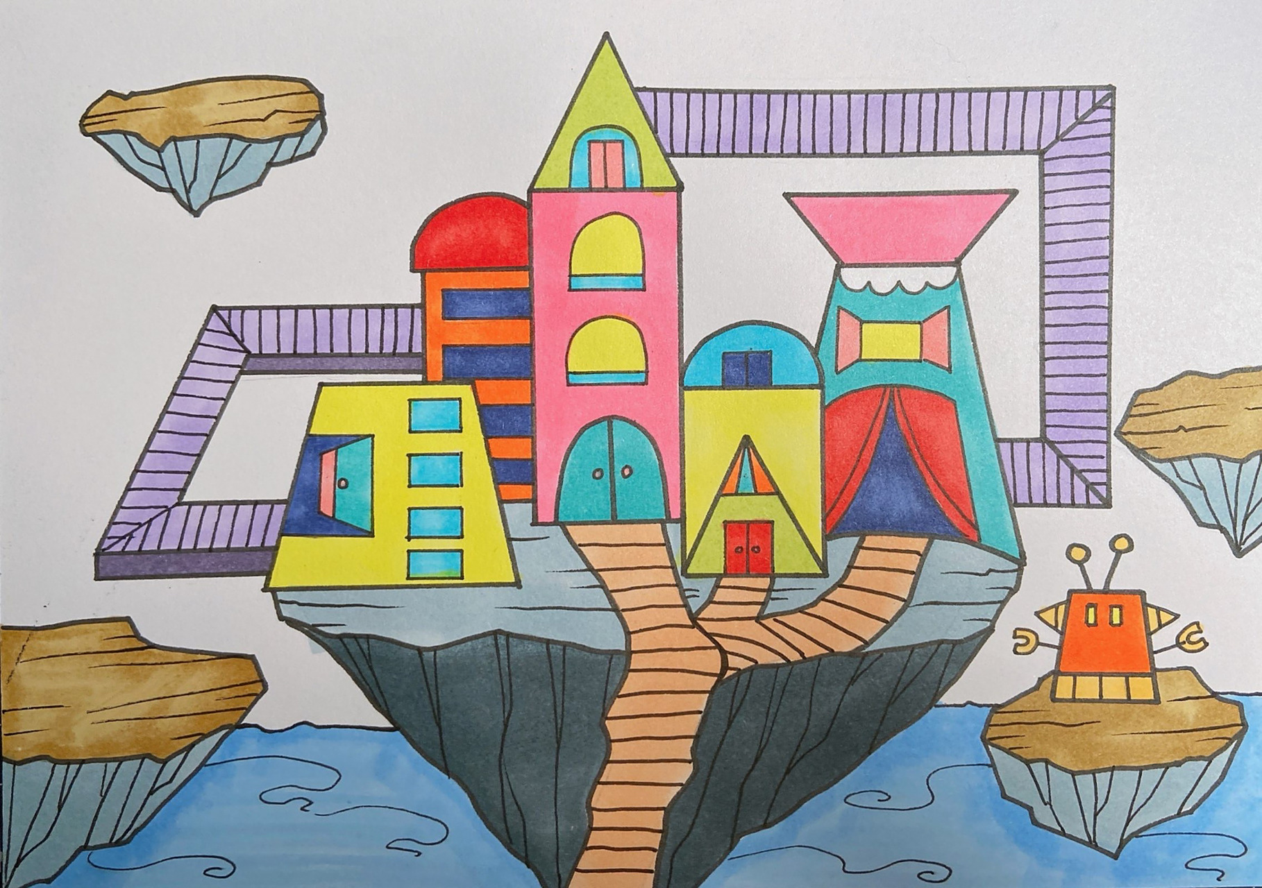 未来城市儿童画简笔画建筑天空之城马克笔 美术宝 未来城市 课效