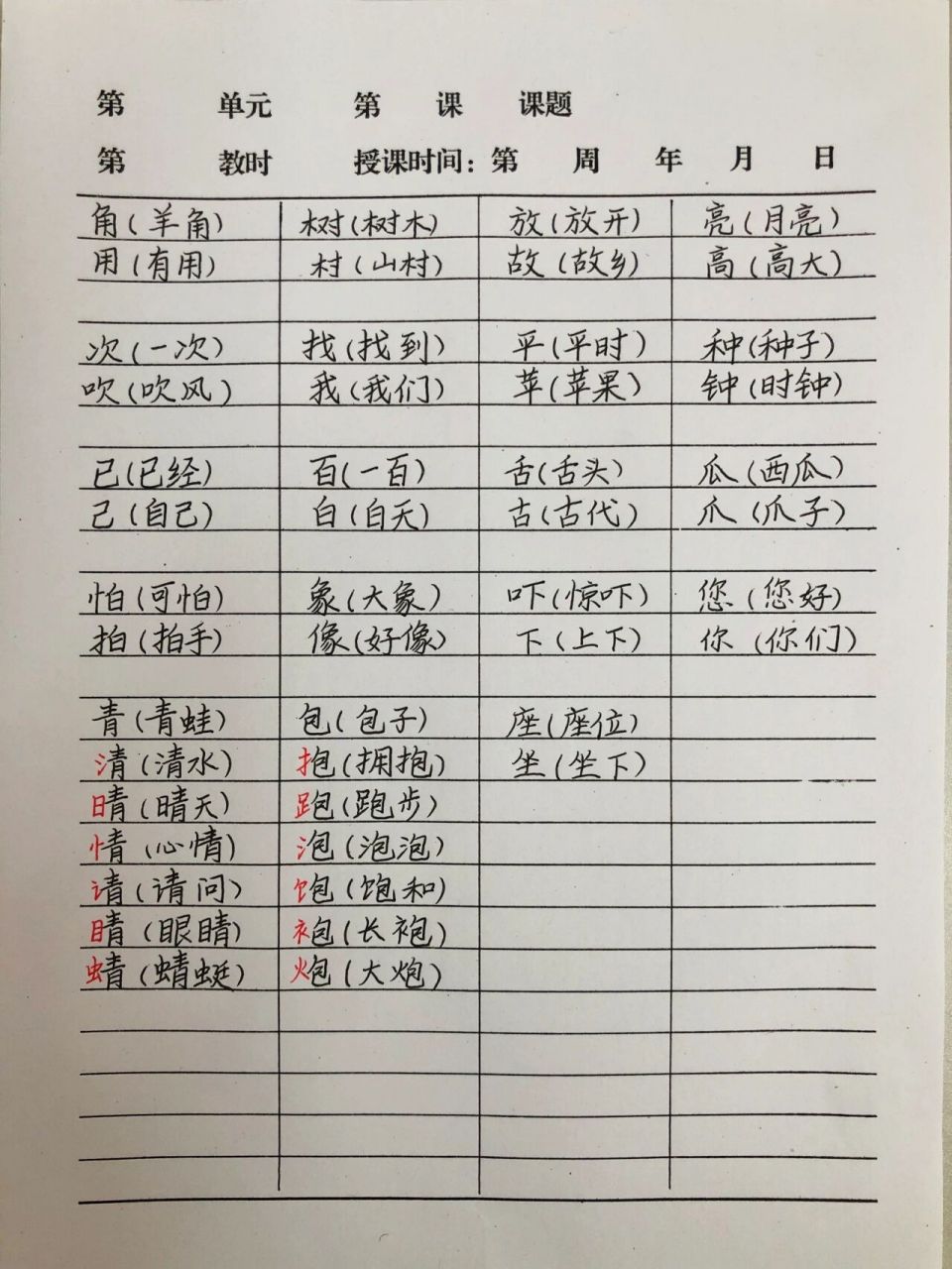 一年级语文下册复习6～辨字组词