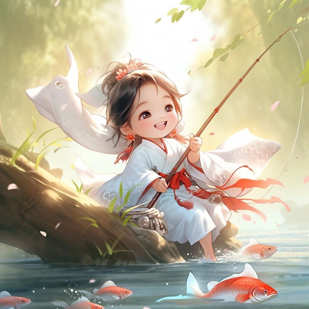 治愈系高清q版可爱古风小屁孩捕鱼头像来啦! 这画面也太治愈了吧!