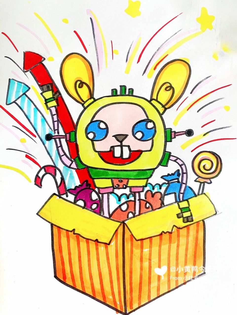 礼物盒儿童画 #马克笔# #卡通画# #儿童画# #礼物盒创意画