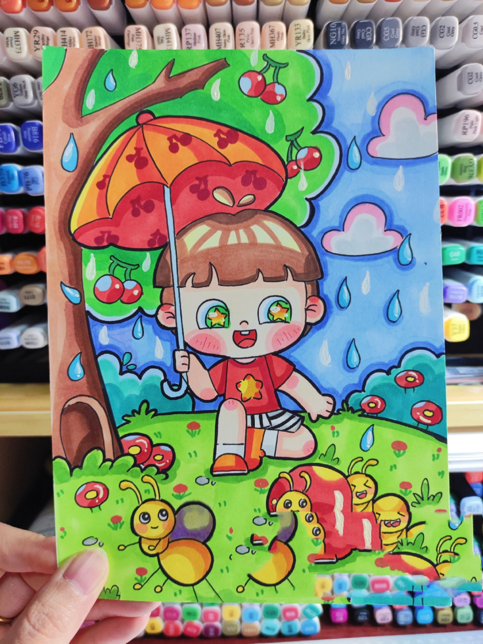 马克笔主题画—《下雨天》附线稿                 临摹゛(儿童画)