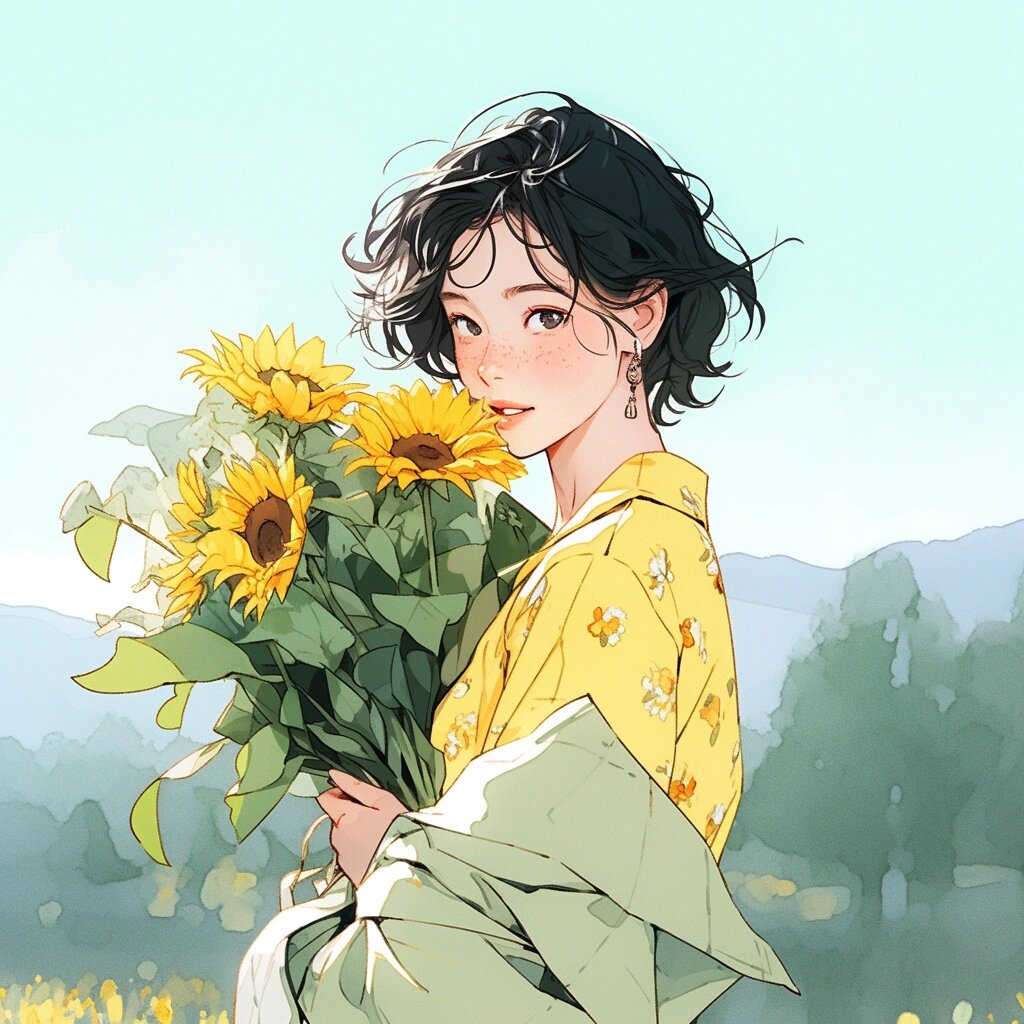 你们要的短发氛围感 向日葵捧花女生头像