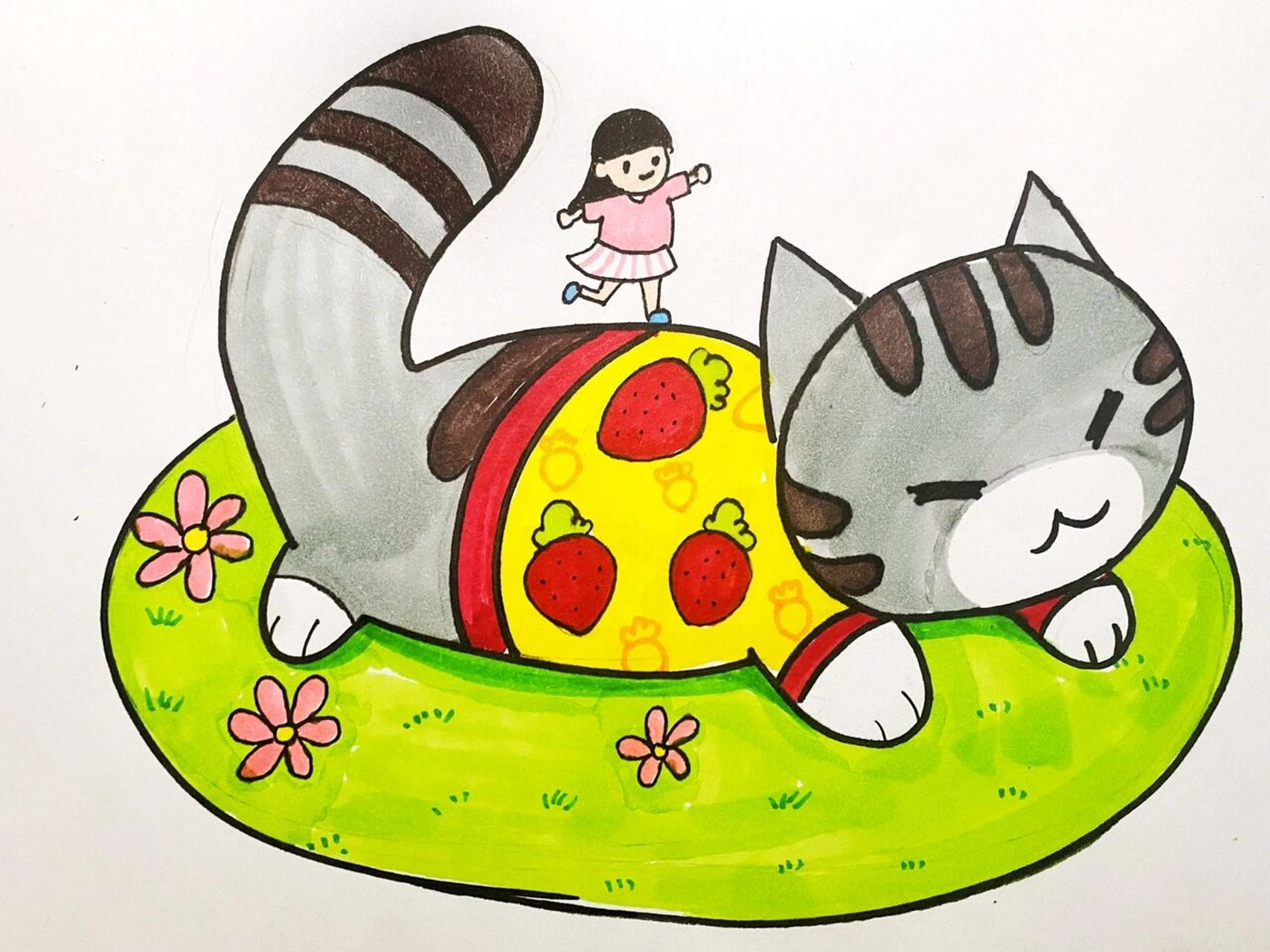 马克笔# #儿童画# #卡通画# #猫咪##夸张手法###巨型动物# #小人国