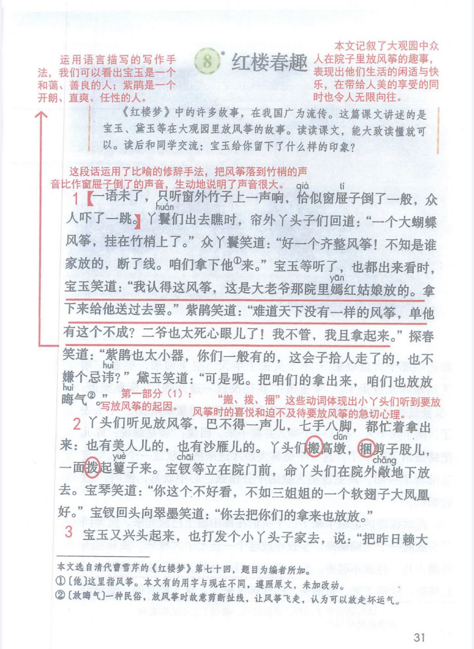 五年级下册语文 第8课 红楼春趣 课堂笔记 部编五年级语文下册 第八课