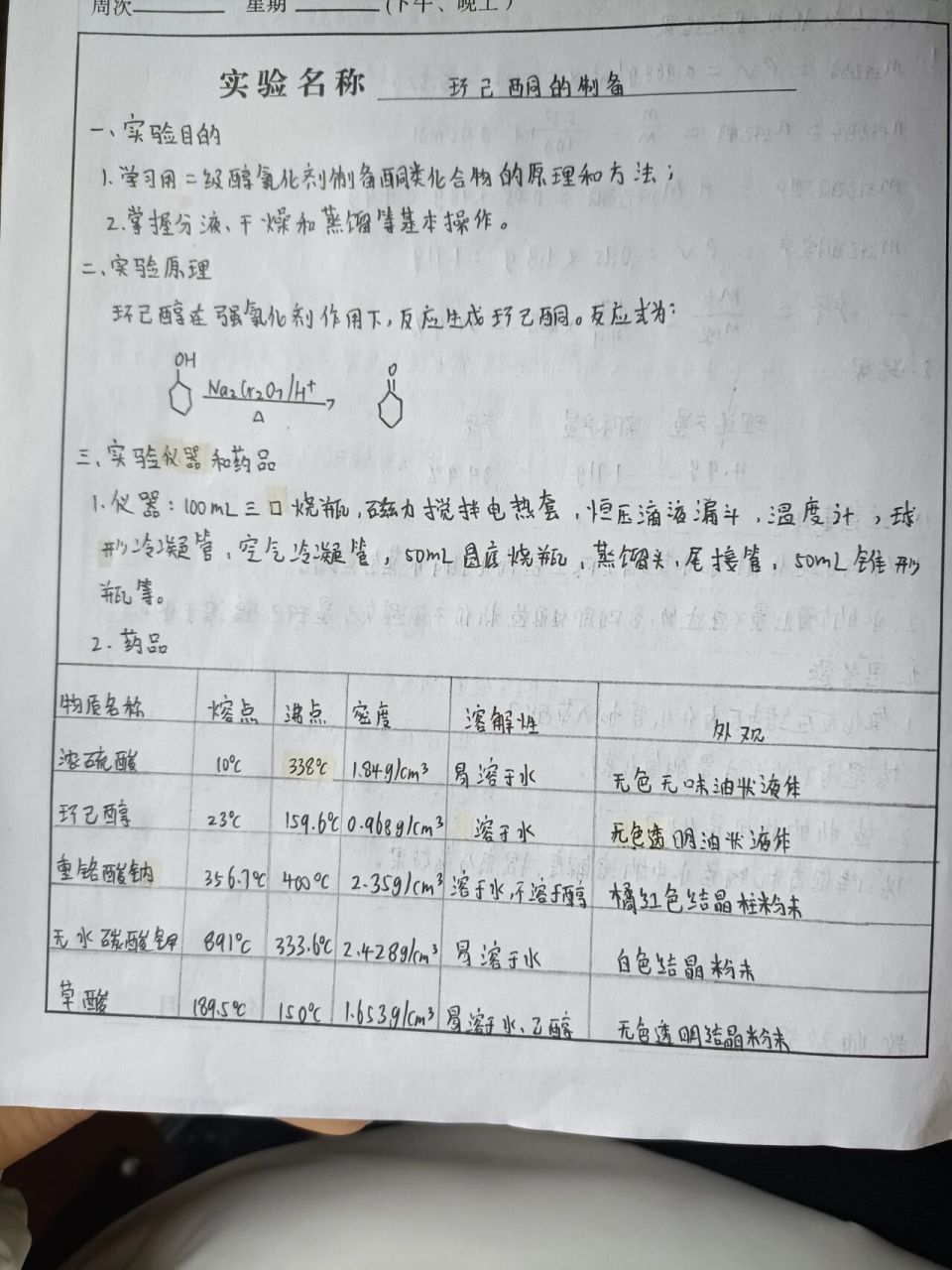 有机化学实验报告 环己酮的制备