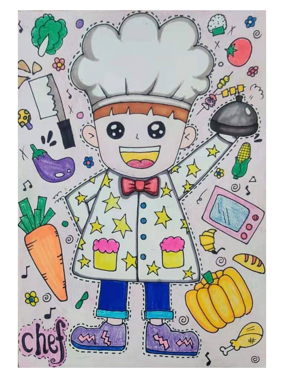 厨师创意画儿童画 《小小厨师》 1,学习小场景构图形式,表现作品 2