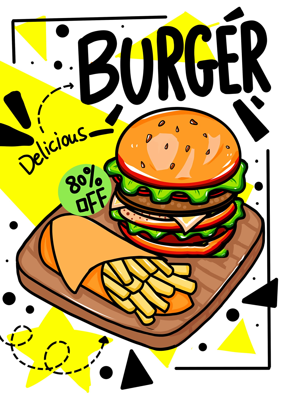 打卡30/100儿童画 《汉堡套餐》高清(附线稿 尺寸:a465工具:ipad