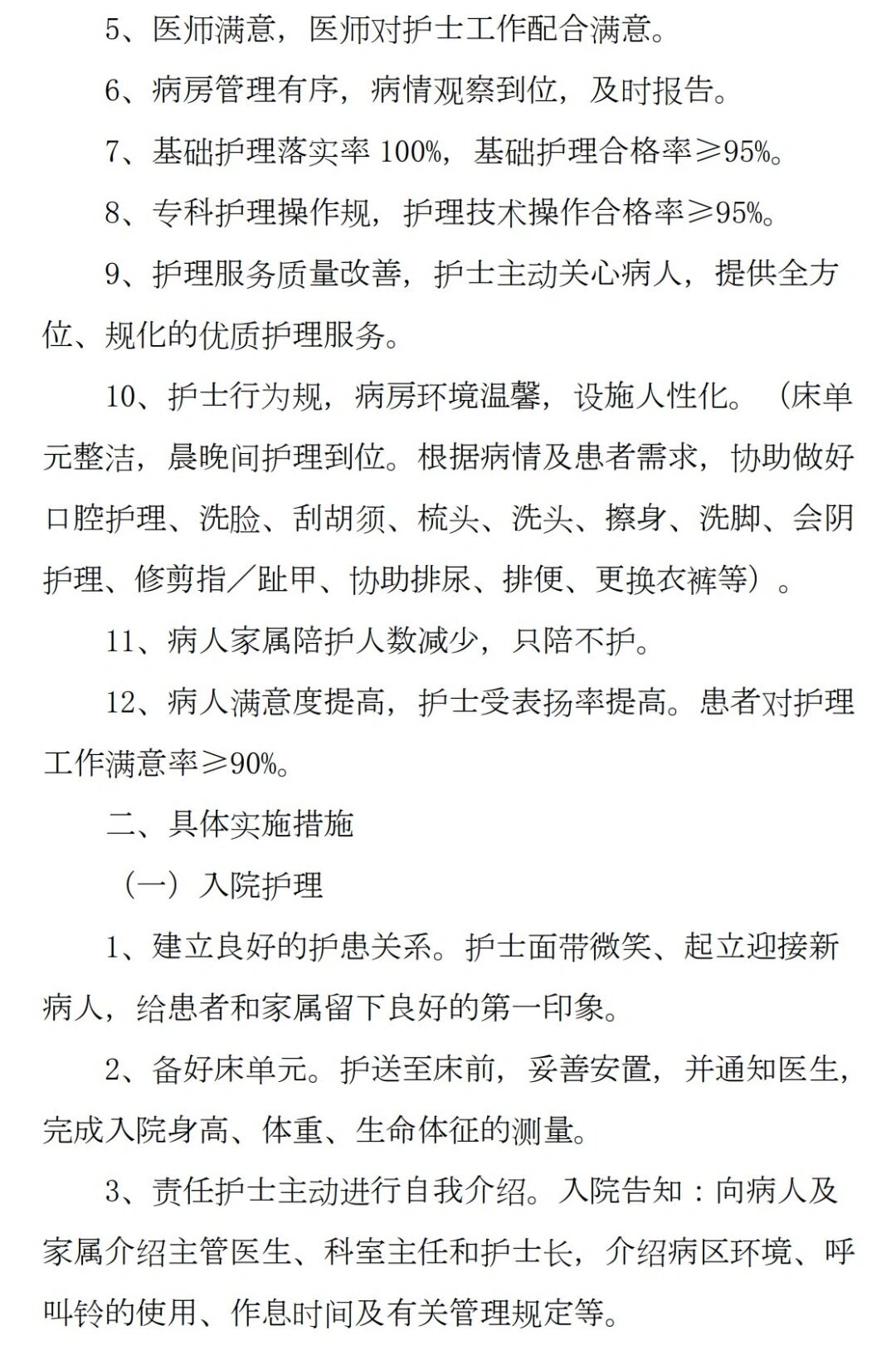 实用版优质护理服务计划目标及措施