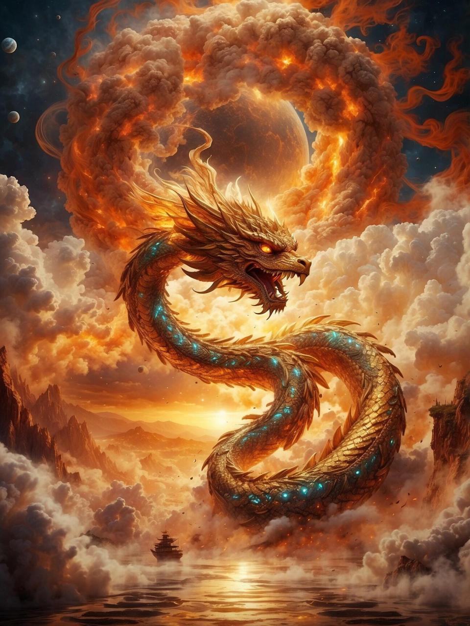 神龙出渊,一飞冲天 上古时期飞龙在天的年代,对金龙的描述是最稀少的