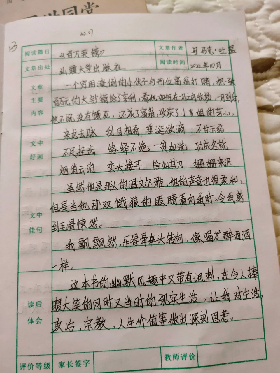 百万英镑读书笔记英文图片