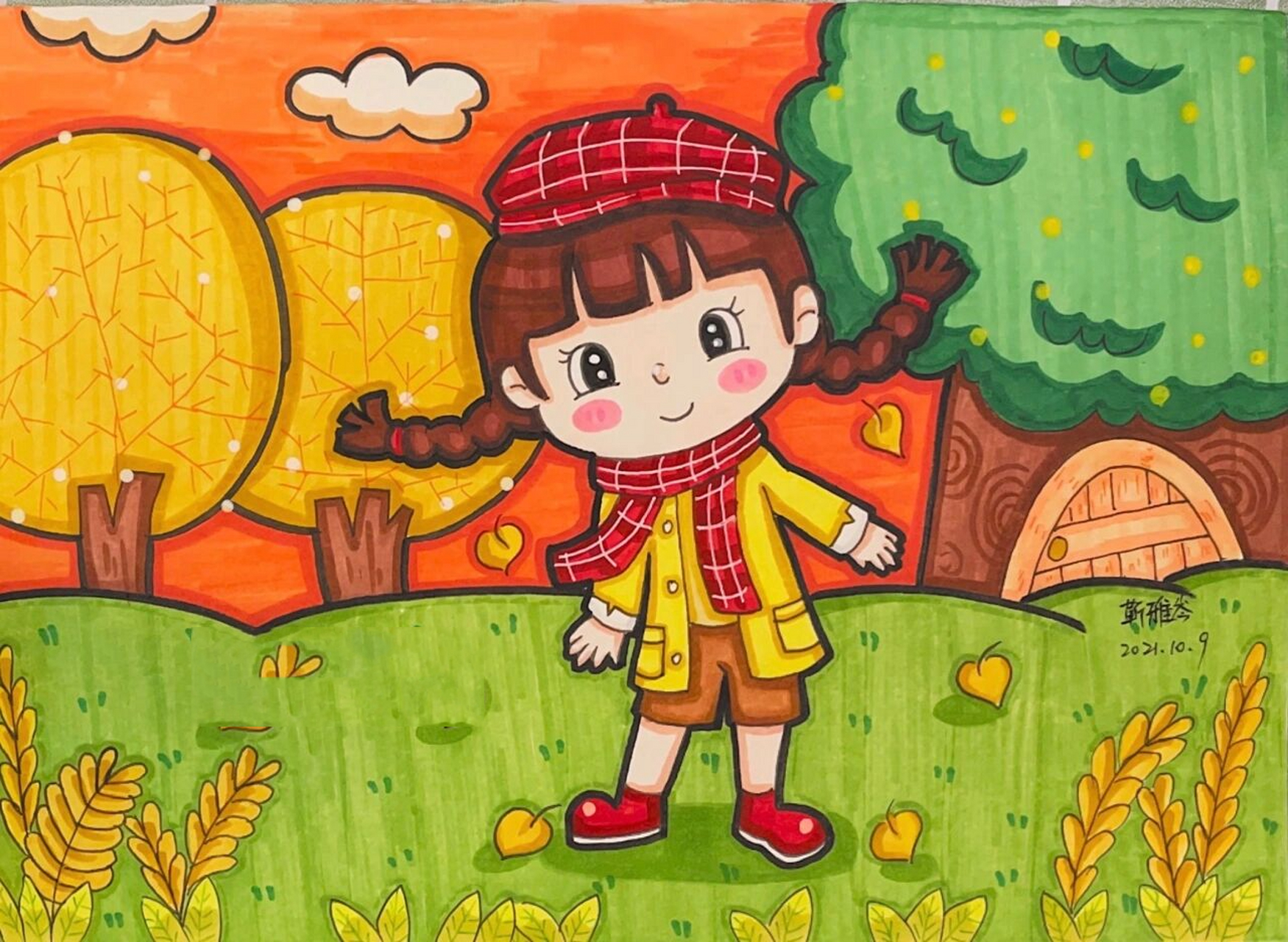 马克笔儿童画美丽的秋天 马克笔儿童画卡通画简笔画主题画 幼师考编