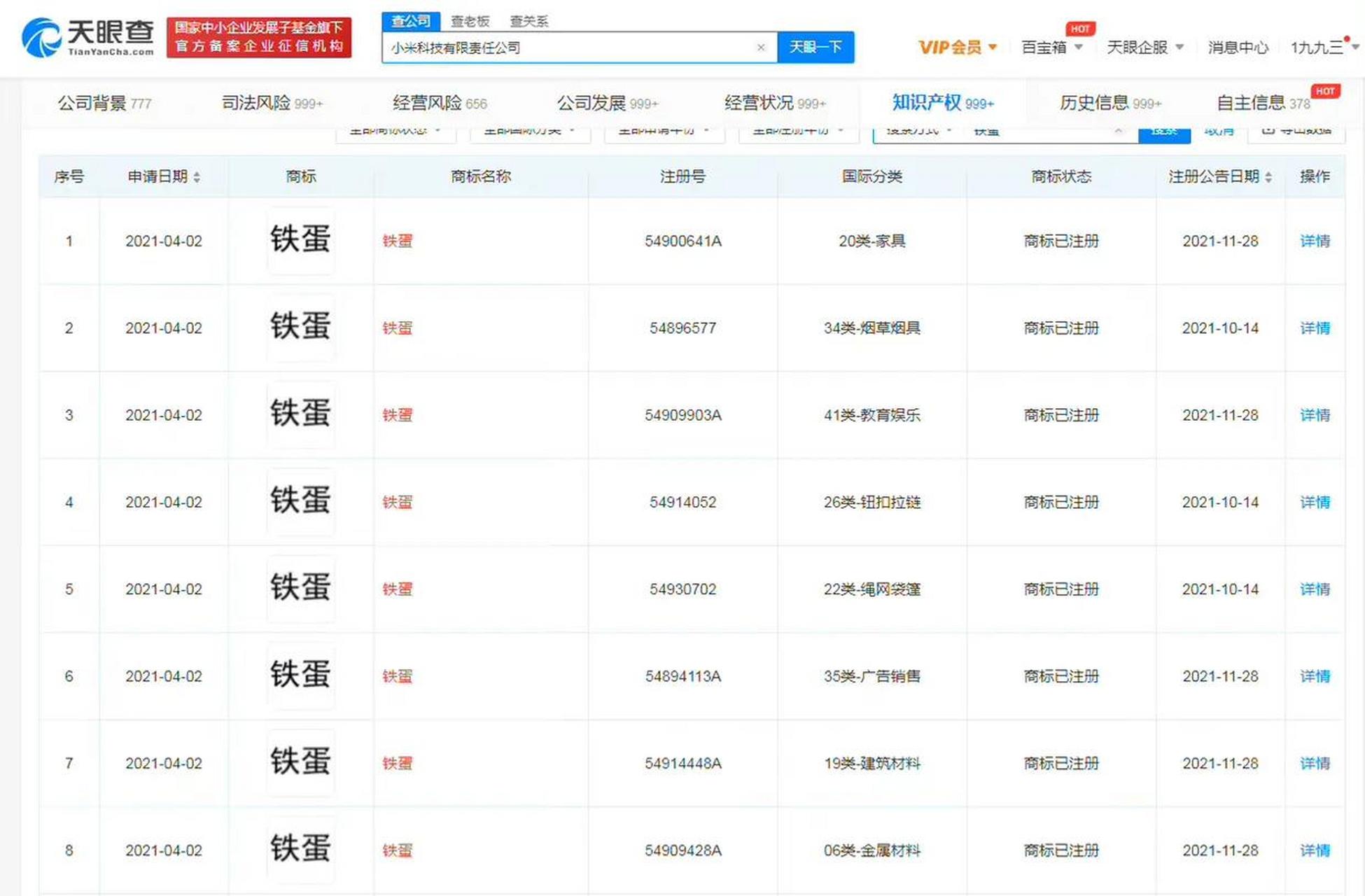 【小米铁蛋商标已注册成功】天眼查app显示,近期,小米科技有限责任