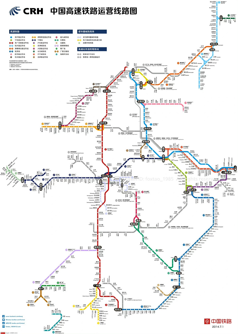 2023中国高铁运行图 陶岸君老师制作,第二张是2014年的图.