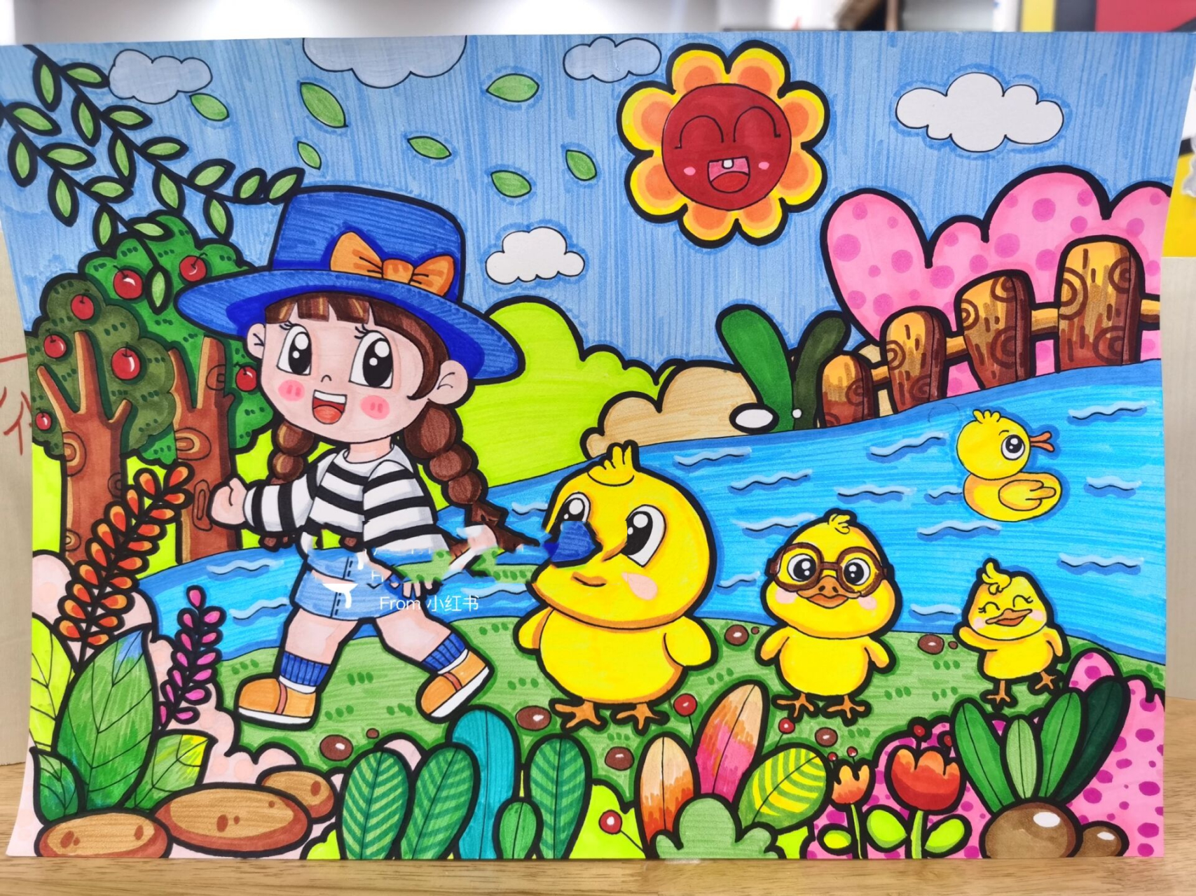 《去春游》儿童画 总算涂完啦,又觉得颜色太多了,略花,只可惜旁边没有