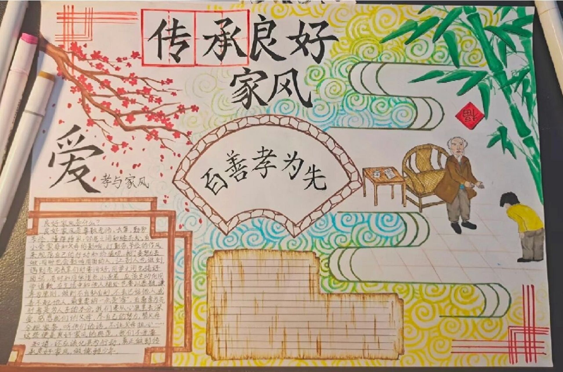 家风家训孝敬亲长手抄报 中间那块木牌子也是写字的,我没来得及写