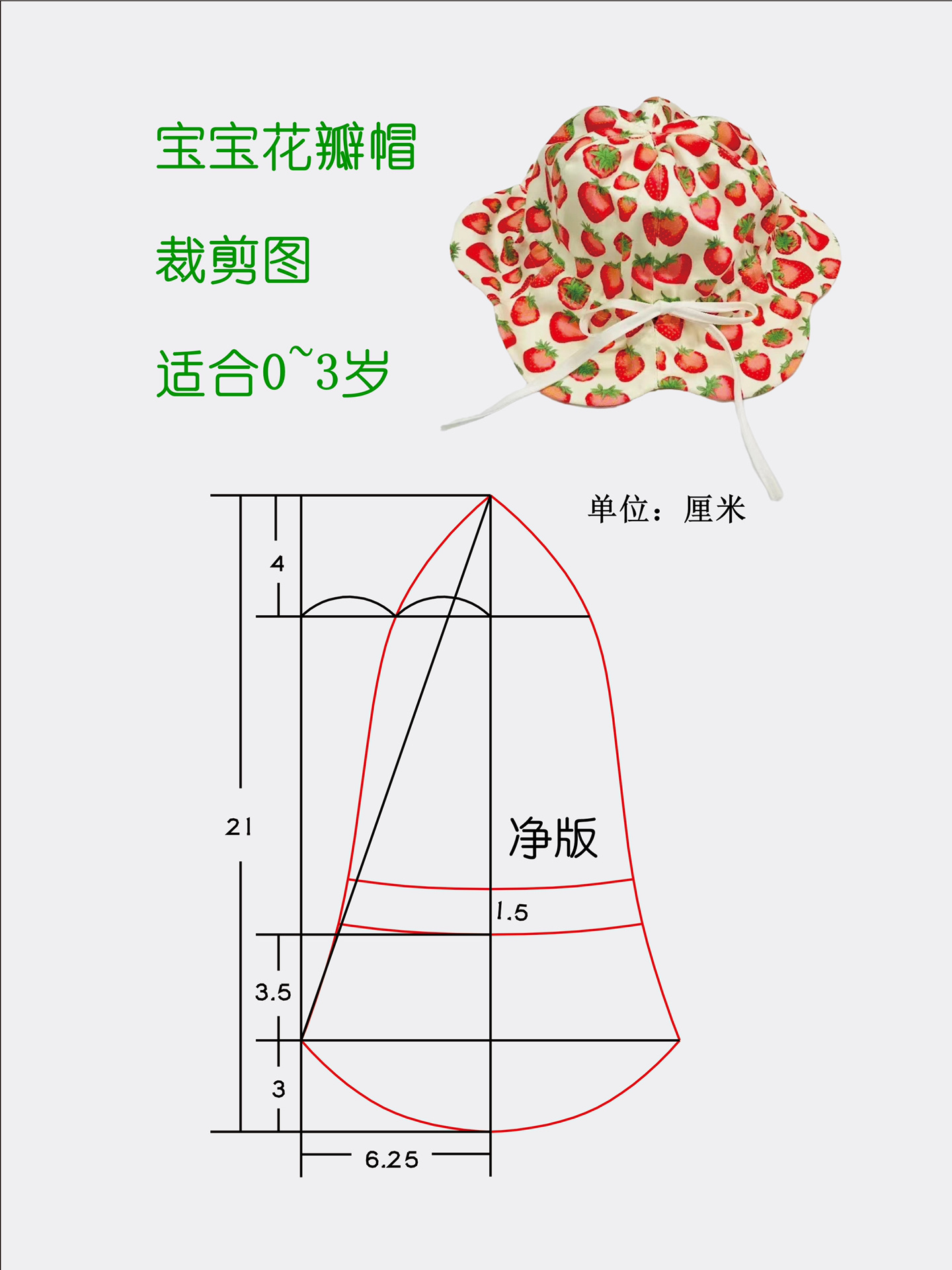 宝宝6片花瓣帽裁剪图(适合0～3岁
