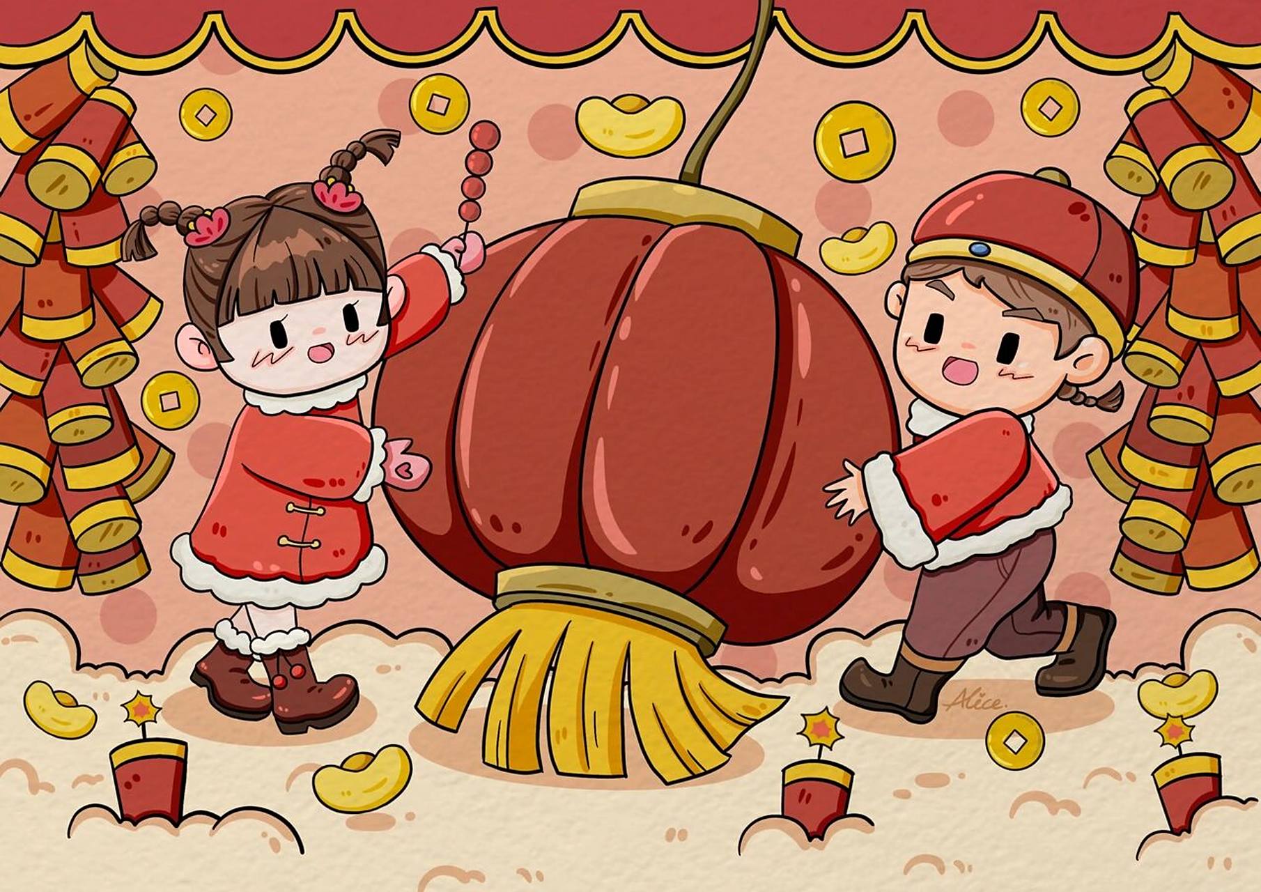 春节元旦过年新年儿童画简笔画儿创灯笼手绘 原创儿童画,新年主题