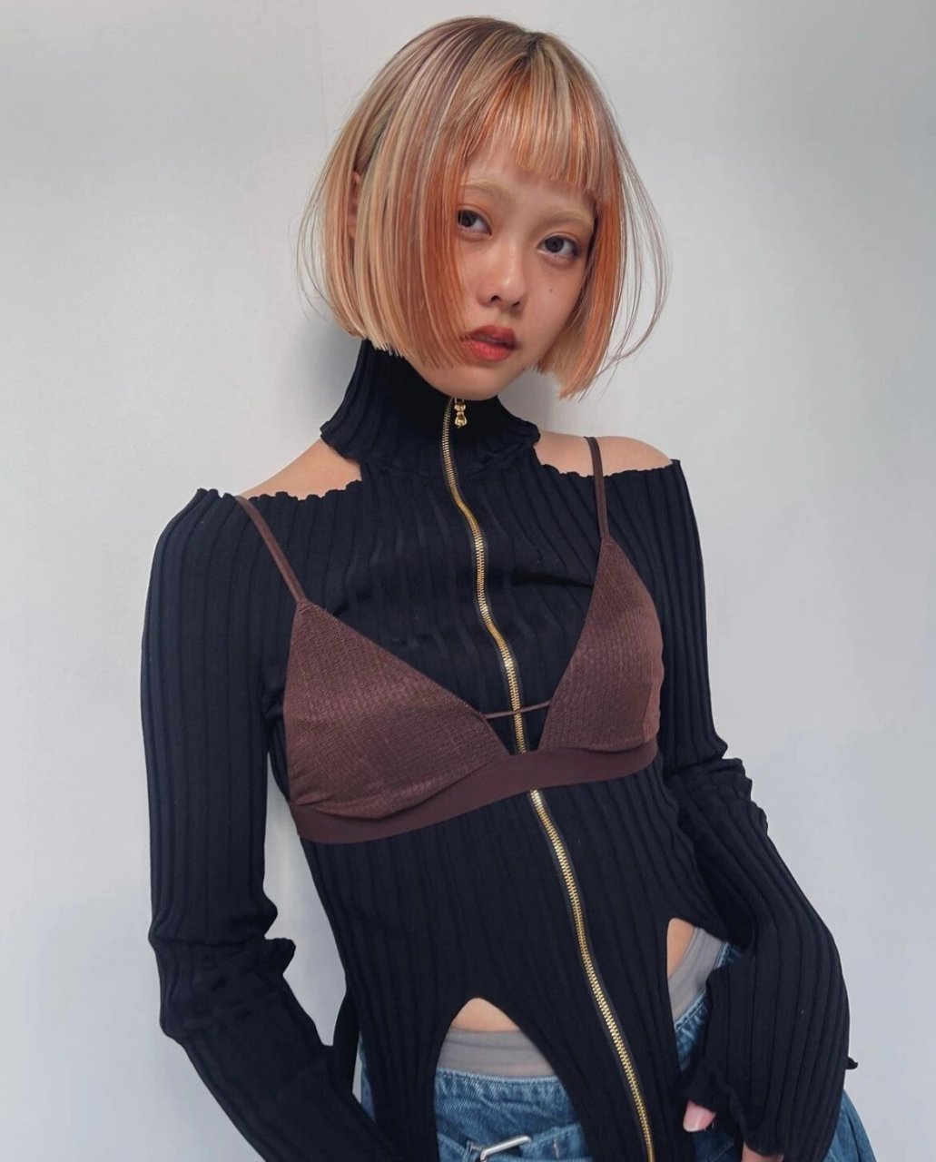 日系风格 一刀切短发设计 双色染设计 暖橘色 甜美风格 一刀切氛围感