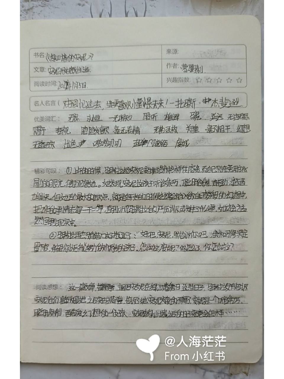 《绿山墙的安妮》读书笔记 4,5,6章的读书笔记 开更新拉 字不清楚见谅